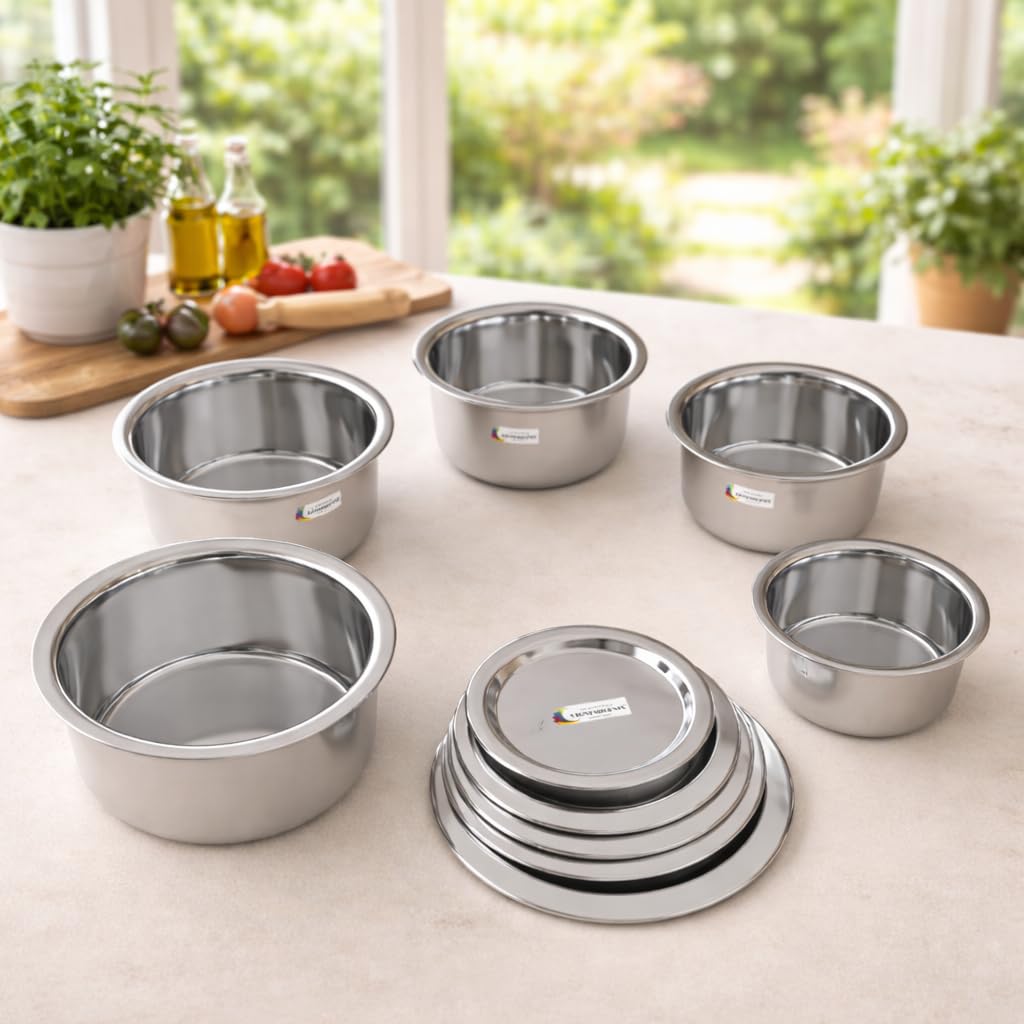 Stainless Steel Tope Patila tepeli Pot pan Utensils Combo cookware Set of 5 PiC Stove and Induction Friendly/Bhagona/Sandwich Bottom Tope/Flat…