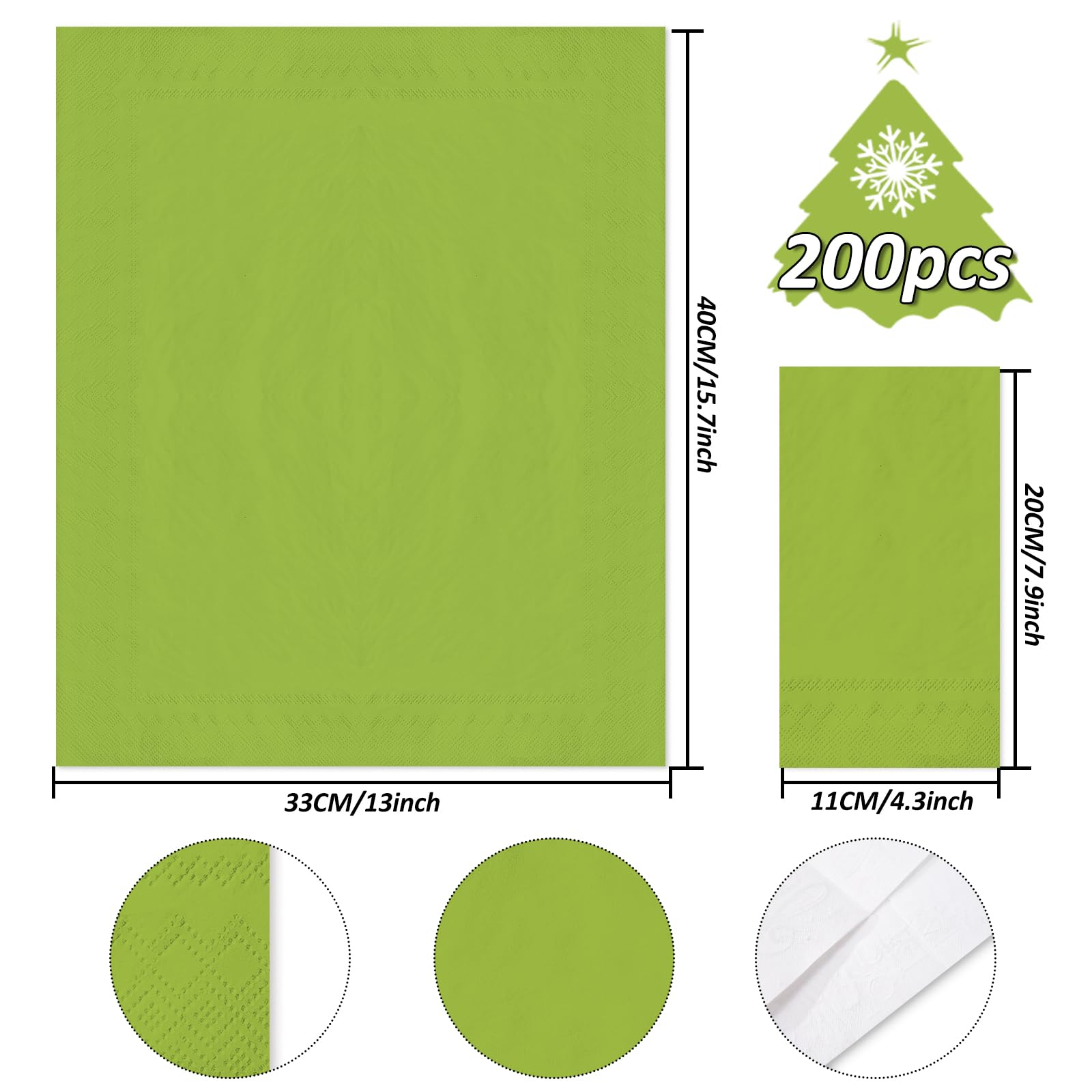 Whaline Lot de 200 serviettes de table jetables en papier de Noël pour invités - Vert citron - Serviettes décoratives pour l'hiver, la cuisine, la salle de bain, les vacances, la table de fête