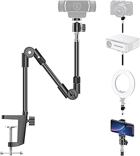 KDD Webcam Stand Camera Mount with Phone Holder, 25 Inch Foldable Flexible Gooseneck Cell Phone Clamp & Table Projector Mount, for Logitech C922 C930e C920S C920 C960 Brio 4K, Gopro Hero 8 7 6 5