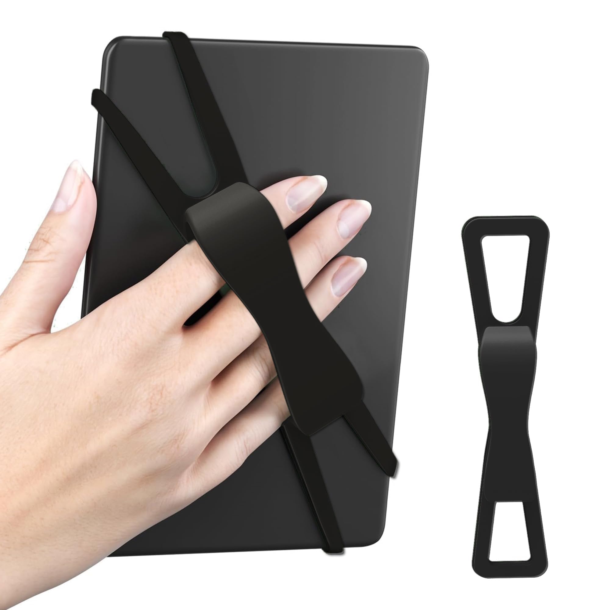 Ergonomic Silicone Hand Strap Holder for Kindle and Teblets - Handed Reading, Minimize Drops & Fatigue for Phone(Black)