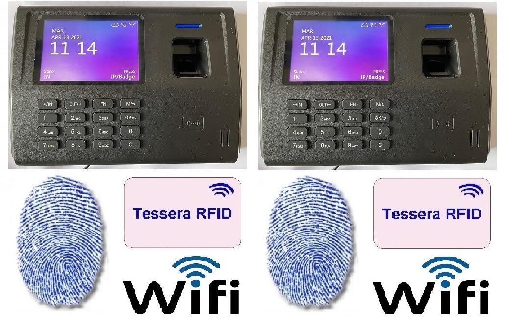 2 RILEVATORI PRESENZE WIFI MARCATEMPO, 40 TESSERE, L'UNICO CON CORSO ISTRUZIONE SOFTWARE PER 4 MESI, IMPRONTA DIGITALE+RFID, WEBSERVER, SOFTWARE IN ITALIANO. VENDUTO DA AZIENDA ITALIANA
