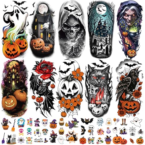77 PCS Halloween Temporary Tattoos Adult Kids 17 PCS Half Sleeve Pumpkin Bat Crow Witch Skull Fake Tattoos 60 PCS Spider Cat Ghost Scar Tiny Realistic Face Body Tattoos Stickers