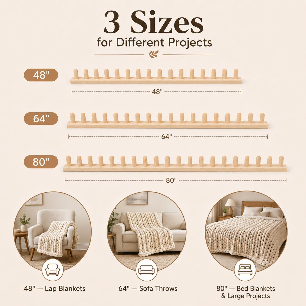 NYELOZIO 2026 Upgraded 48 Inch Chunky Blanket Loom Kit, Solid Wood Hand Knitting Loom for Chunky Yarn, Snag-Free Edges, Stainless Steel Pins & Storage Bag, Beginner Friendly Craft Tool