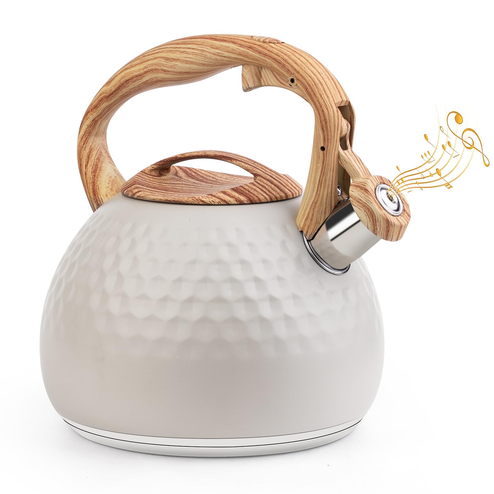Bollitore moderno da 3 l, a induzione, in acciaio inox, per tutti i piani cottura, bollitore a fischio con manico in vena di legno, bollitore per tè caffè, beige
