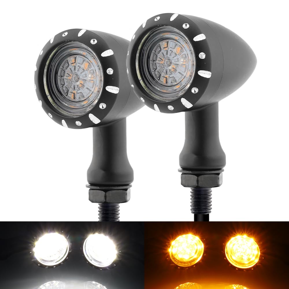 TSUNG 2PCS Motorcycle Bullet LED Front Turn Signal White Amber Light SMD Blinker Indicator for Cruiser Chopper Bobber Cafe Racer Street Bike (SMD LED-3wire Black)