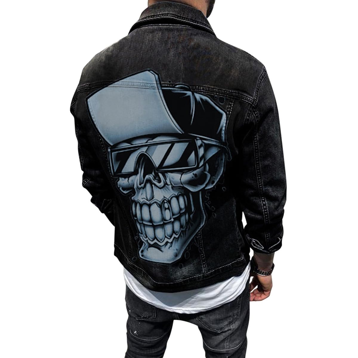 Giacca di Jeans da Uomo Oversize Stile Hip-Hop con Stampa Teschio Moda Primavera Giacca a Maniche Lunghe con Bottoni e Stampa Graffiti in Stile retrò Abbigliamento Workwear