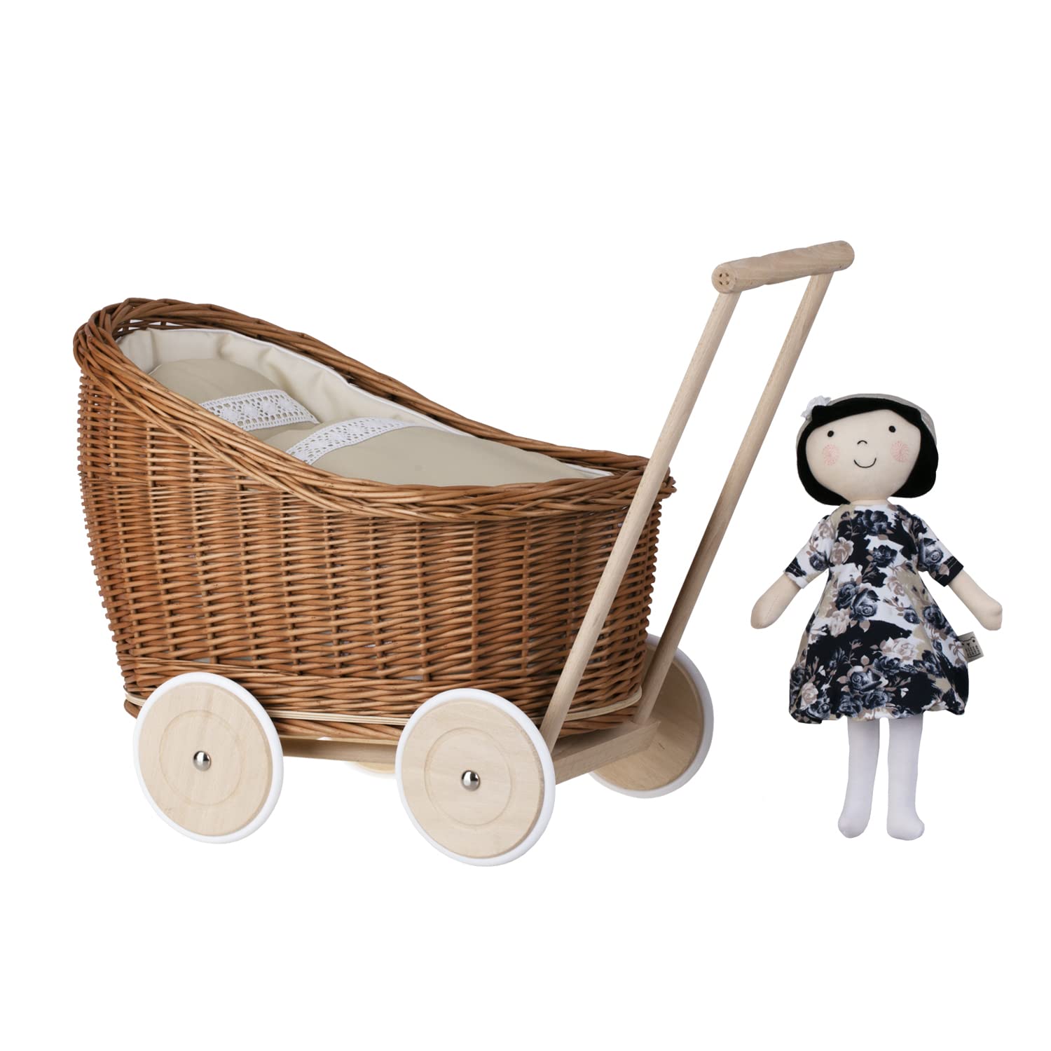 Jolie Poussette Pour Poupée En Osier, Longueur 43cm, Hauteur 30cm (tout Déployé), Occasion