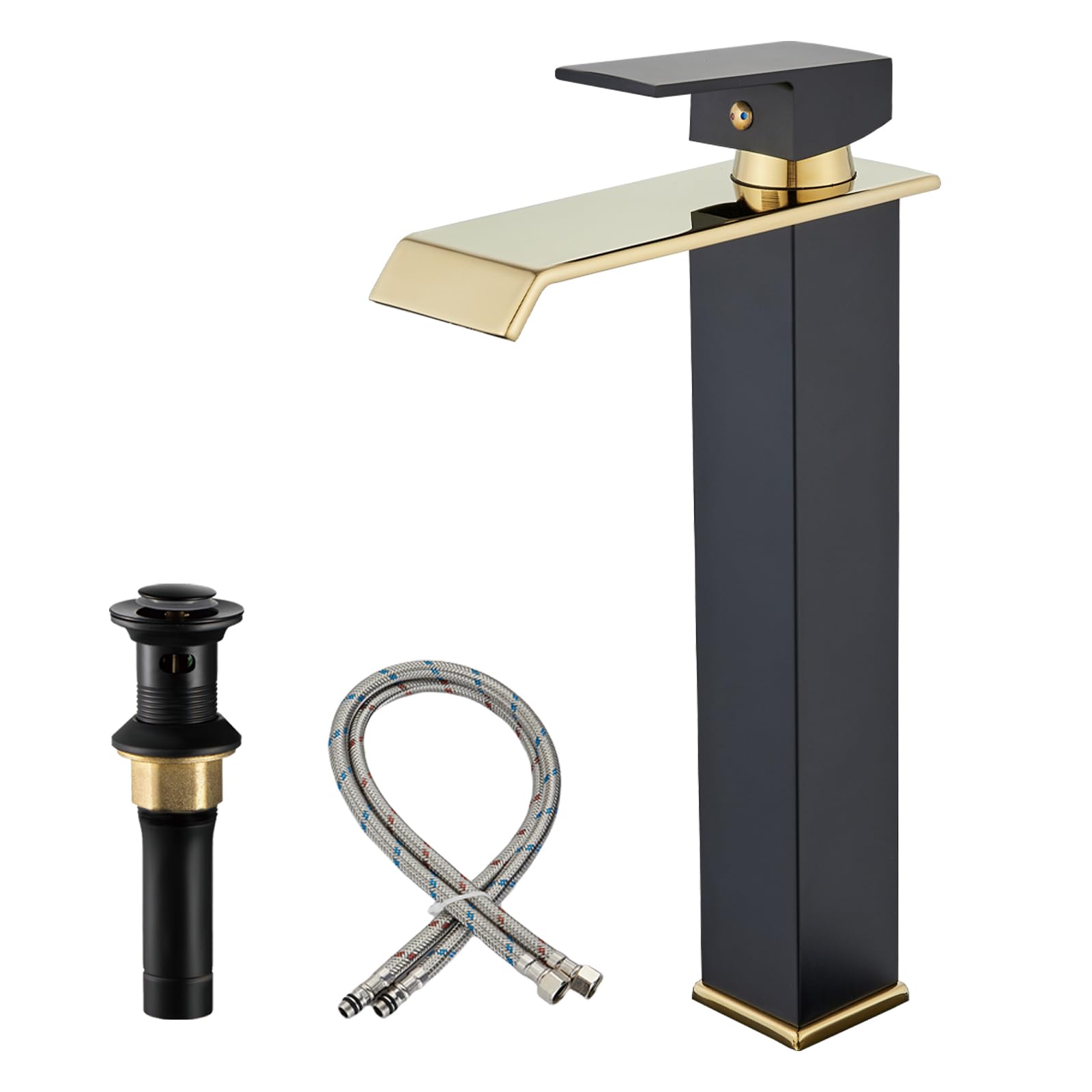 Tall Bathroom Vessel Sink Faucet One Hole Black and Gold Single Handle Modern Waterfall Lavatory Vanity Faucet with Metal Pop Up Drain and Cupc Supply Hose