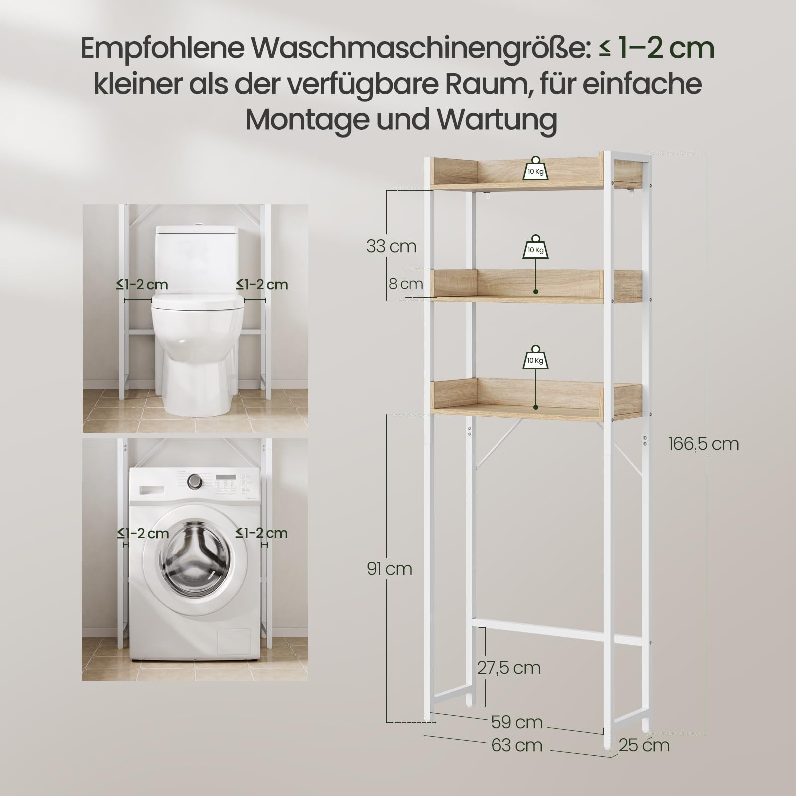 EUGAD Waschmaschinenregal, für Badezimmer Waschküche, Waschmaschinenschrank über Waschmaschine Toilette, mit 3 Ablagen, Platzsparend, Industrie-Stil, 63x166,5x25 cm, Helle Eiche+Weiß