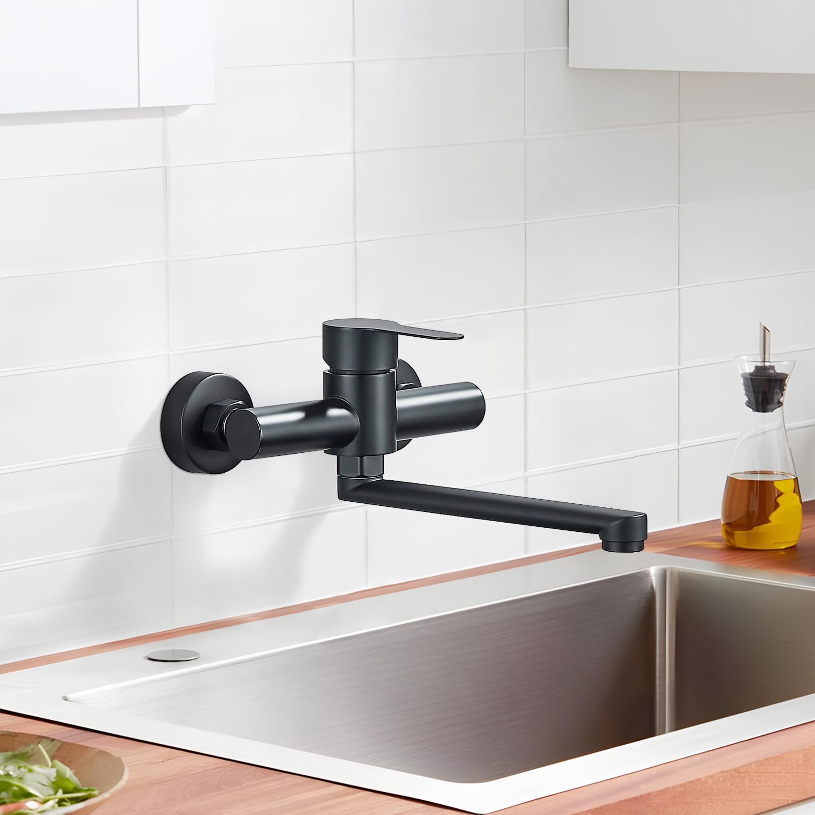 Rozin Küchenarmatur Wandmontage Wasserhahn Küche Messing 360° Schwenkbar Schwarz