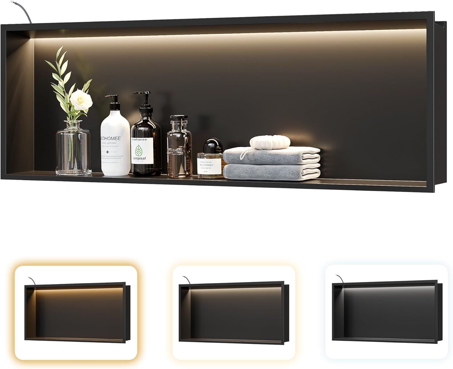 Matte Black LED Shower Niche, 36"X12" Recessed Bathroom Wall Niche Cabinet,3-Temperature LED Strip Light Waterproof No Tile Needed Stainless Steel Storage Organizer in wall