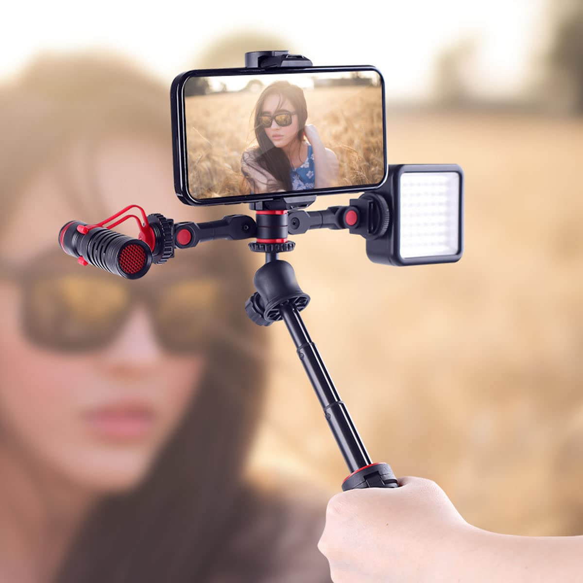 Kqcibz 1 Piece Rotatable Multifunctional for New Dual Cold Shoe Extension Bar Bracket for Camera Phone LED Light, Black&Red, 500319293