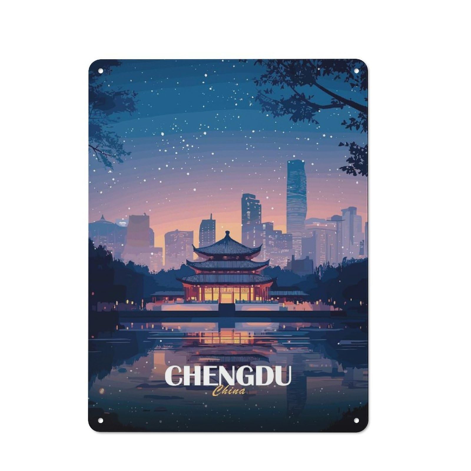 Junmoney Style-8 Rustic Tin Sign 40X30cm Featuring Chengdu China Cityscape At Night For Living Room Wall, For Room Styling Across Living Rooms And Feature Walls