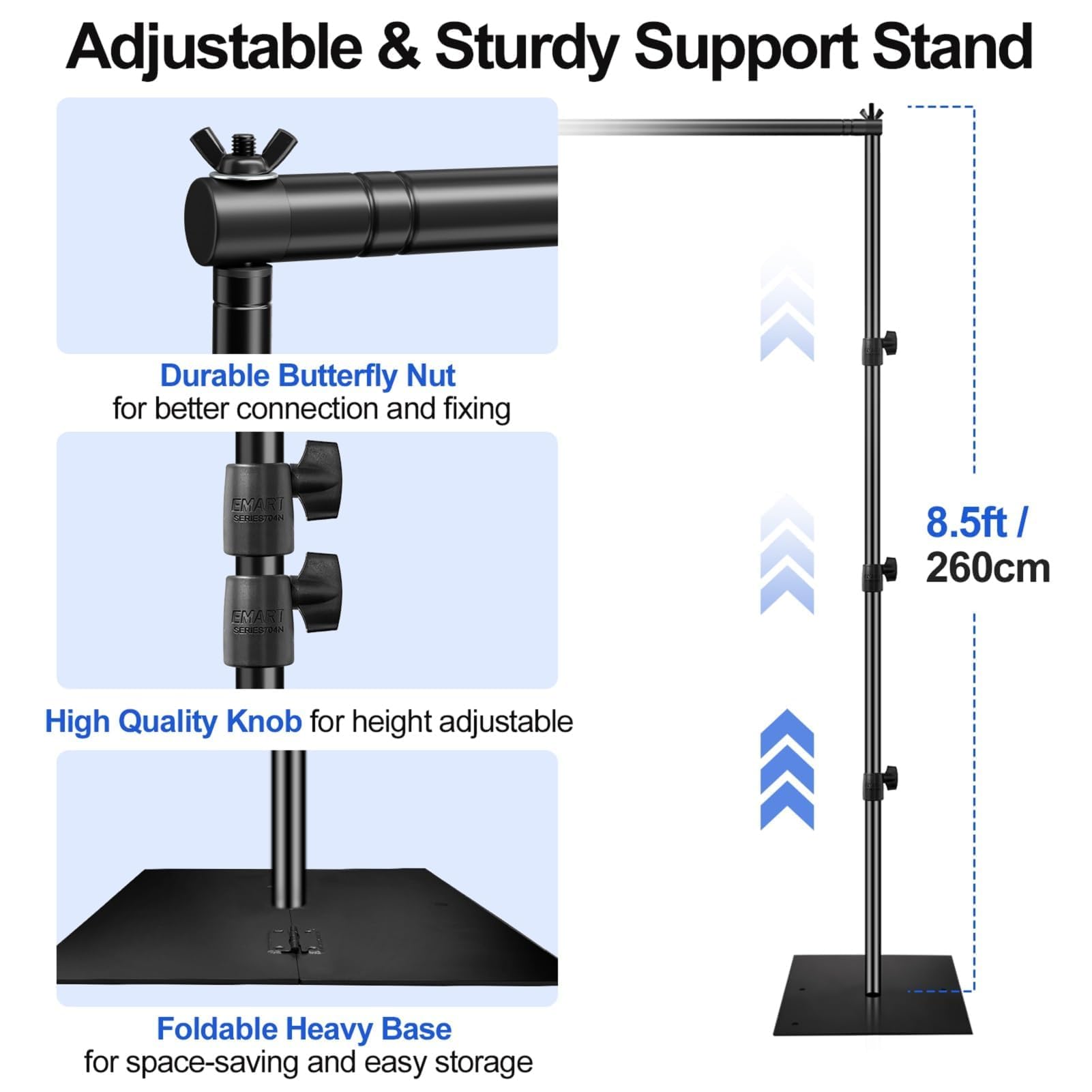 EMART Supporto per fondale, 3 x 3 m di larghezza, regolabile, pali di supporto per sfondo fotografico, con base piatta resistente, tubo in acciaio e telaio drappeggiato, kit per feste, compleanni