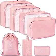 7pcs Set Travel Organizer Packing Cubes Lightweight Travel Luggage Organizers with Laundry Bag or Toiletry Bag (Pink)
