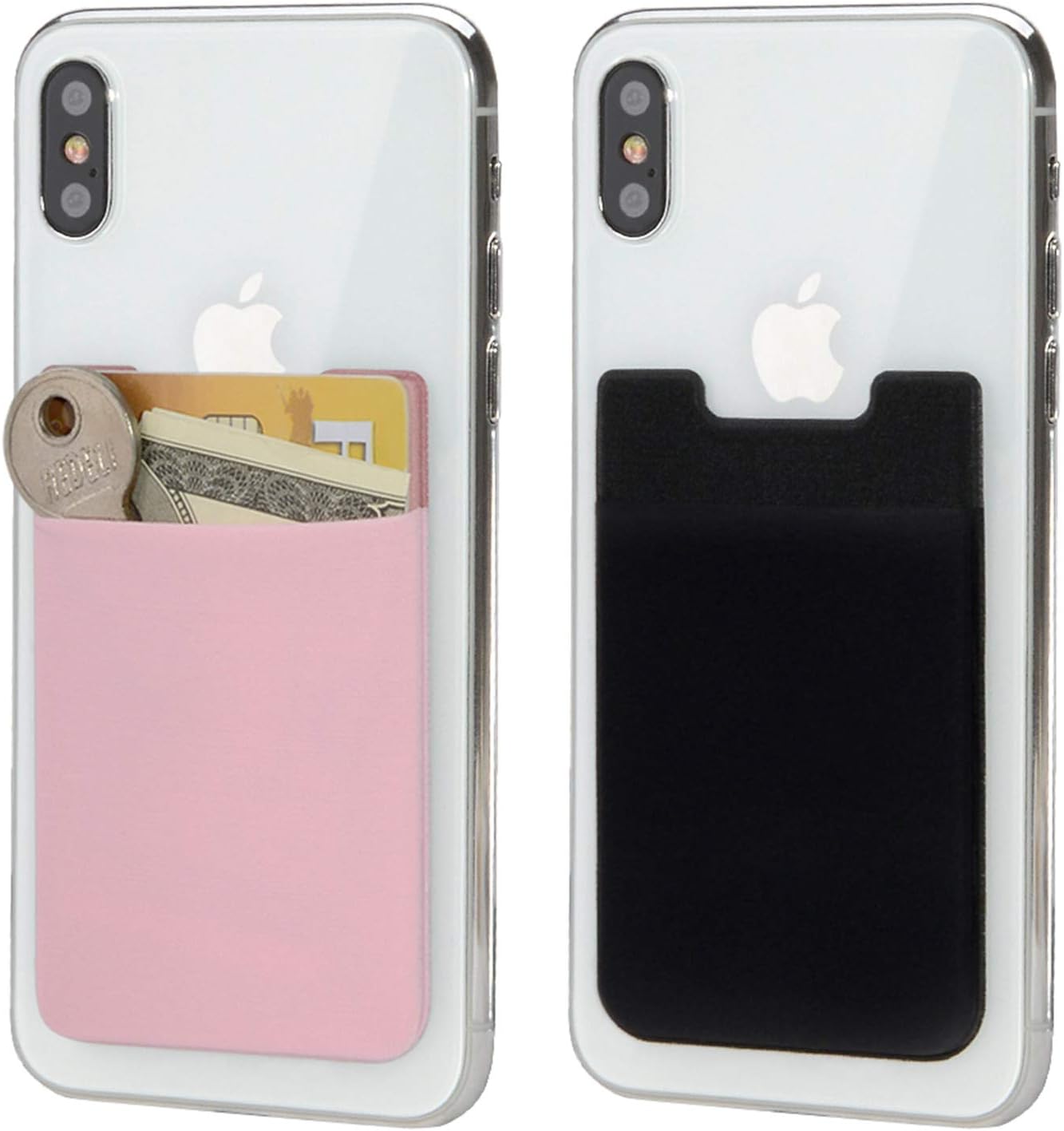 SS Card Holder Back of Phone-Stretchy Ultra Slim Adhesive Lycra Card Sleeve Stick on Credit Card Wallet Phone Case Pouch Sleeve Pocket for Most Smart Phones 2 Pack (Black Pink)