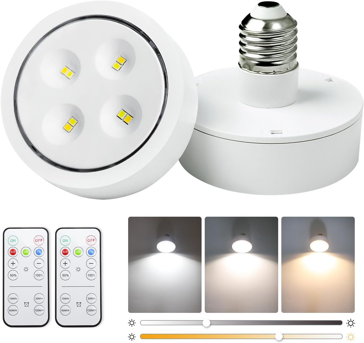 Battery Operated Light Bulbs Sets of 2, LED Puck Lights with Remote Control, AA Battery Bulb with Memory Function, dimmable E26 Screw in Type for Non Electric Pendant Light and Wall Sconce