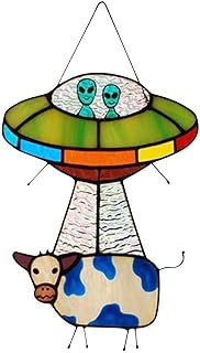 UFO Alien Cow Ornaments, Alien Cow Stained Glass Sun Catcher Window Panel, UFO Cow Abduction Pendant Sun Catcher Hanging on Window Durable