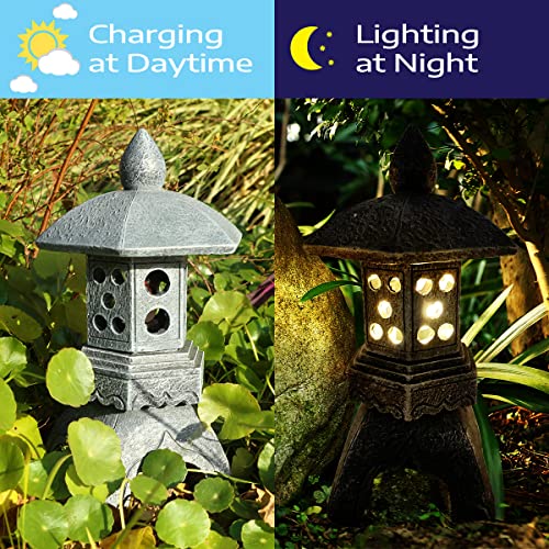 Mibung MIB0074 Pagoda Lantern Garden Statue With Solar Lotus Lights, Large Resin Japanese Temple Pagoda Lamp Asian Zen Outdoor Yard Decor thumb #2