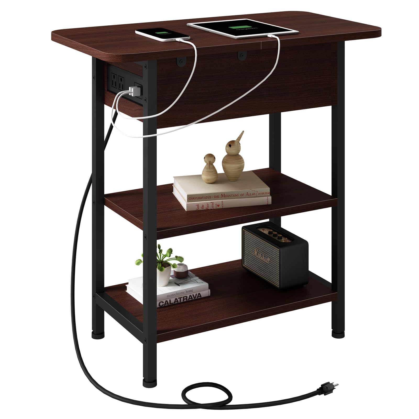 End Table with Charging Station, Flip Top Side Table with USB Ports and Outlets, Nightstand for Small Spaces, Bedside Tables with Storage Shelf for Living Room, Bedroom, Dark Cherry