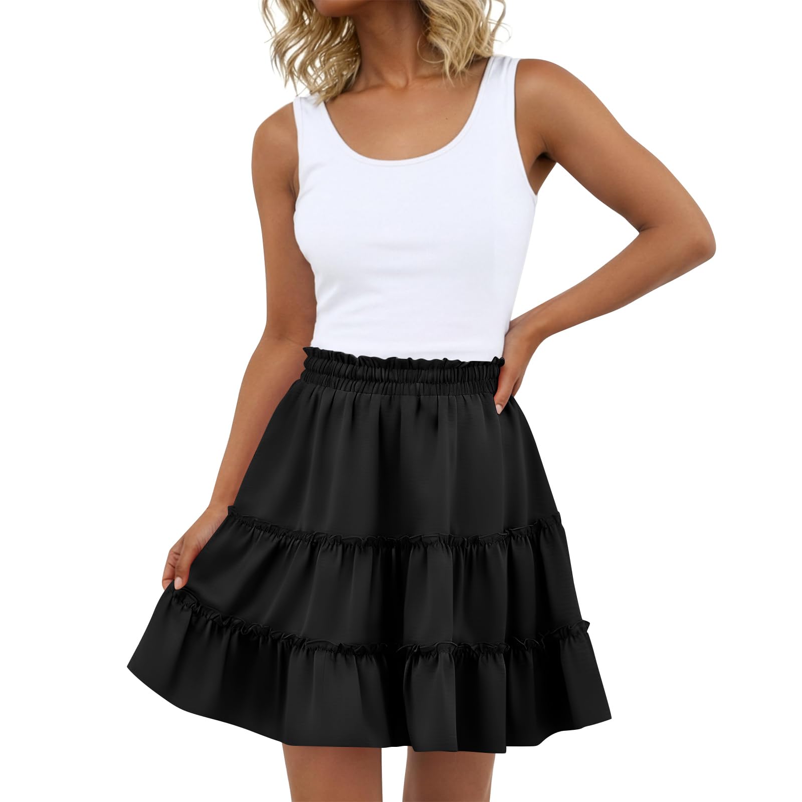 Skirts for Women Elastic Waist Boho Flowy Ruffle Mini Skirt Lightweight Trendy A-Line Short Skirt with Built-in Shorts