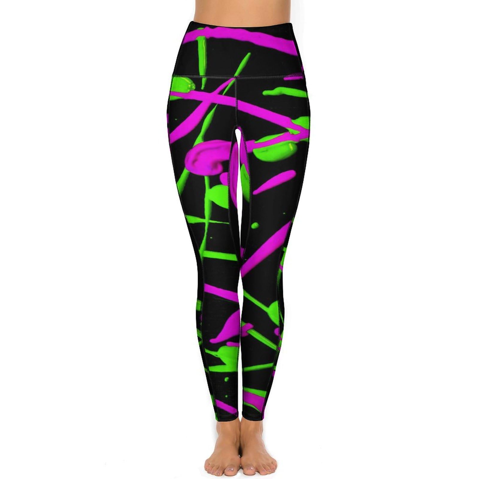 FJQWKLF Glow in the Dark Splatter Neon Yoga Pants with Pockets, High Waist Yoga Pants, Workout Leggings, Gym Leggings for Women