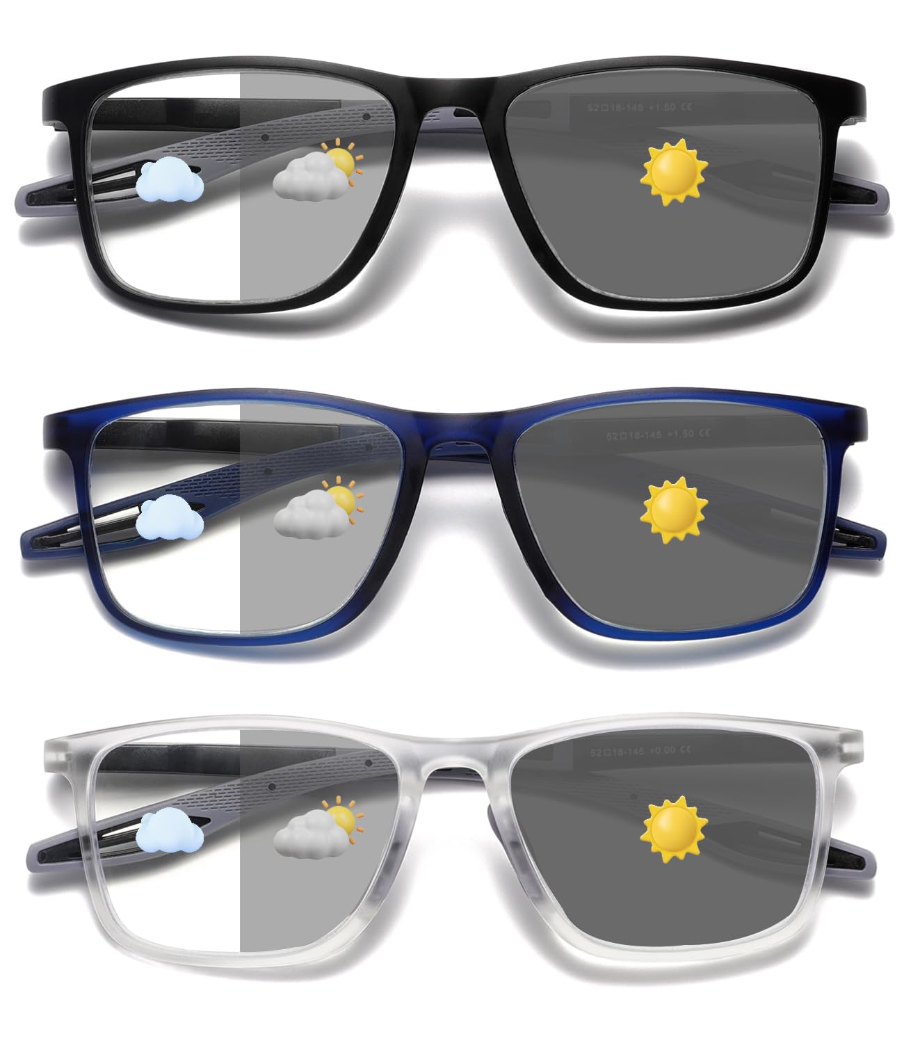 Hubeye Photochromic Reading Glasses for Men 3 Packs UV400 Sun Readers Computer Anti Blue Light Glasses +1.5
