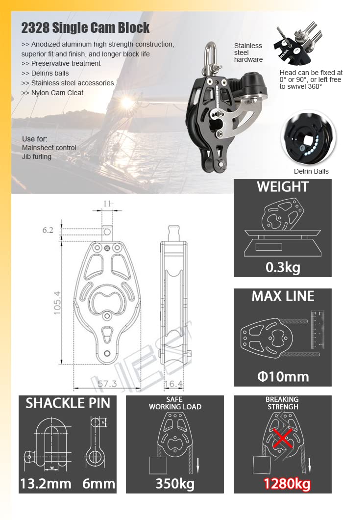 BLUESHARK Bloque de vela de aluminio ajustable de 57 mm con leva giratoria individual a elegir cantidad (1 paquete) 2328