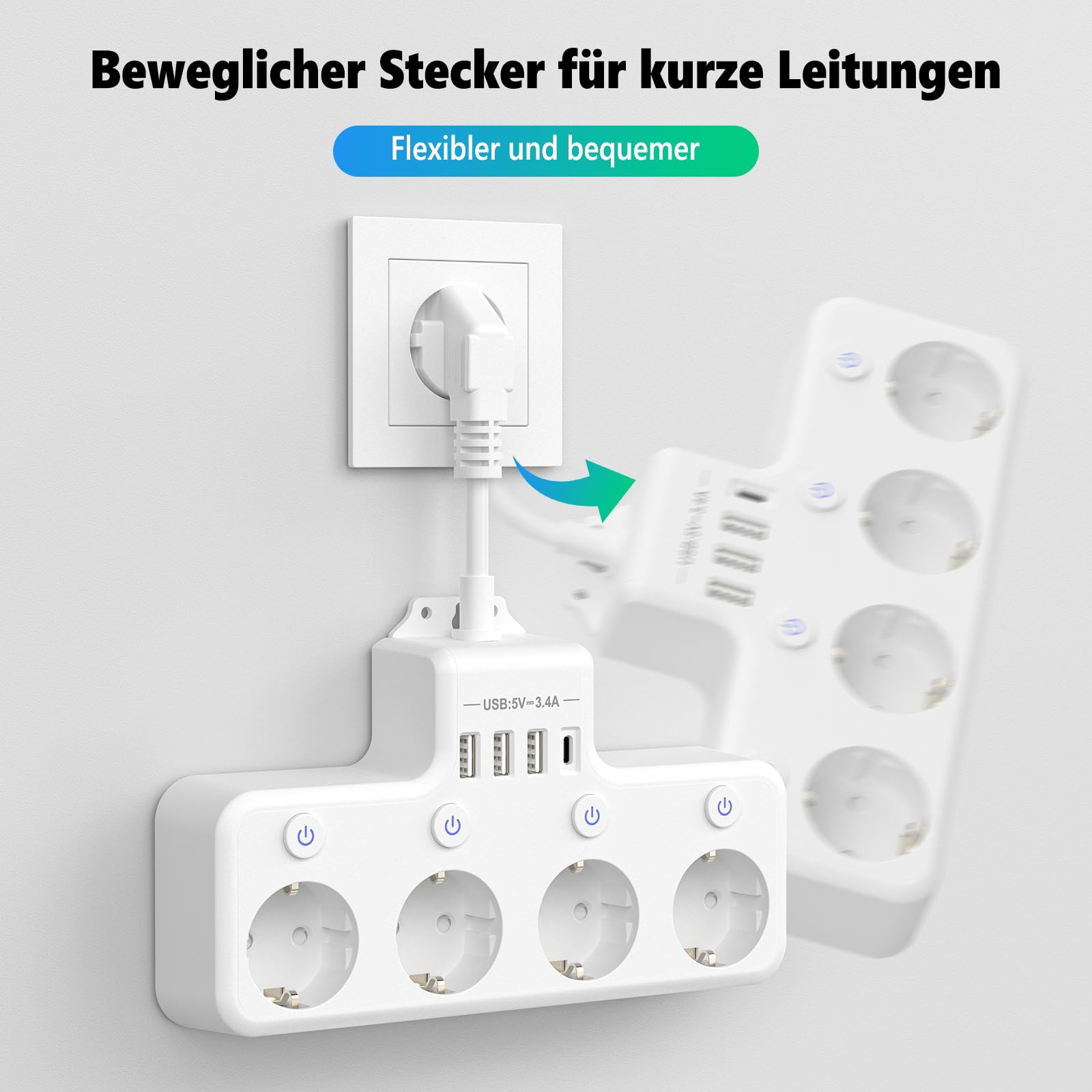 Stekkerdoos, stopcontact, 2-voudig, verdelerstopcontact met 2 m verlengkabel, 3 USB-poorten en 1 TYPE-C, ideaal voor kantoor, thuis en op reis, praktische stekkerverlenging met meervoudig stopcontact