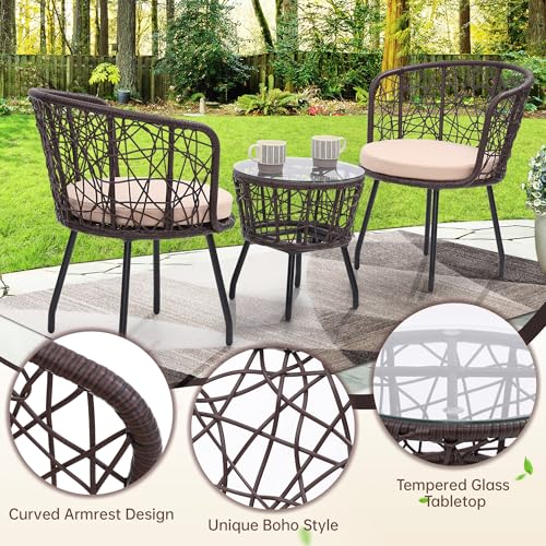Image of Kromax 3-Piece Patio Modern Bistro Set, Brown /Begie | Outdoor All-Weather Wicker Furniture Chairs and Side Table Set, Ideal for Balcony, Porch and Backyard