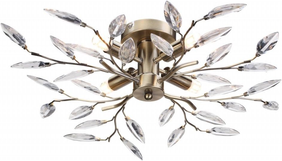 Modern Willow Flush 4 Light Antique Brass Leaf Design Ceiling Light Fitting Chandelier - for Low Ceilings