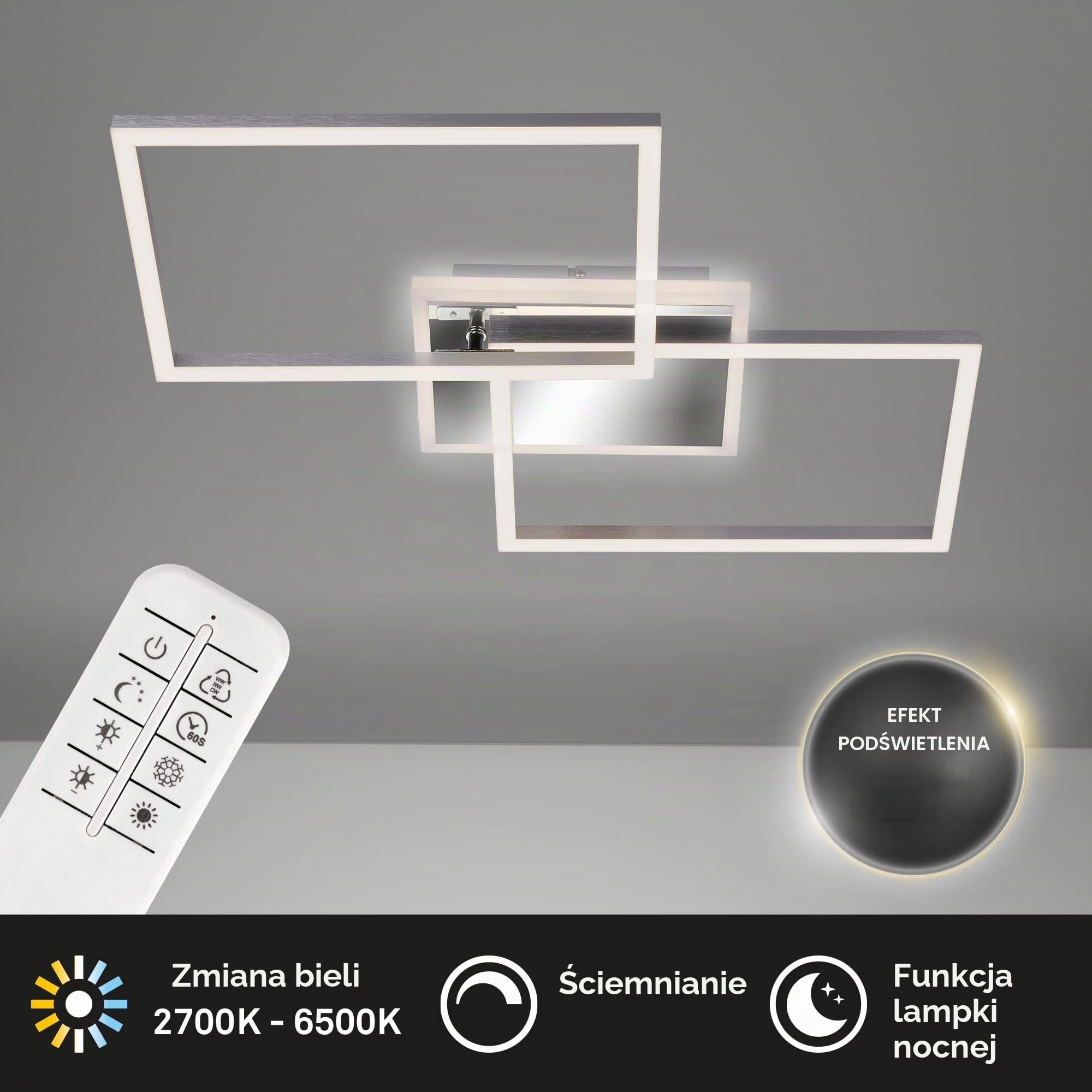 BRILONER Lampa sufitowa LED, ściemniana, z pilotem zdalnego sterowania, z regulacją temperatury barwowej, z funkcją oświetlenia nocnego i timerem, 40 W, chrom, aluminium, 500 x 388 x 80 mm (dł. x szer