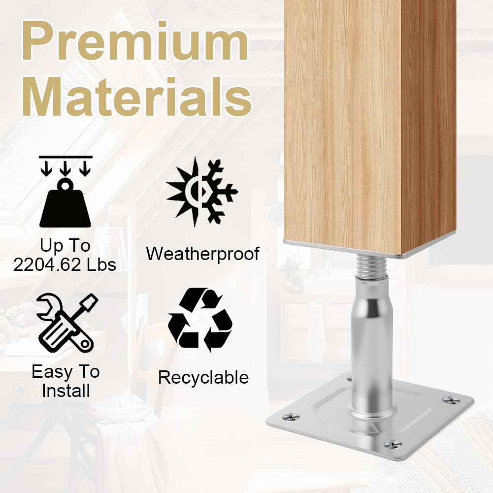 Supports de Poteau Galvanisés de 100 à 150 mm, Lot de 4 Supports de Poteau Réglables en Hauteur avec 16 Vis, Embase Pied de AOOTE Poteaus Carrée Réglable pour Clôtures, Abris, Pergolas (Argent)