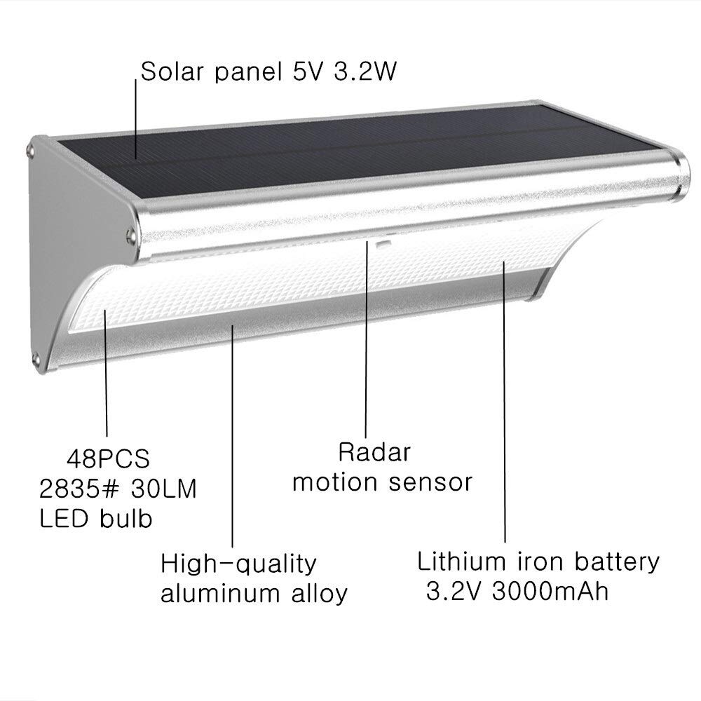 Fengyan Luces de paisaje LED al aire libre luces solares de 48 LED del radar del bulbo 900LM luz del sensor de movimiento de la lámpara Jardín Iluminación Solar En Seguridad Energética con la batería