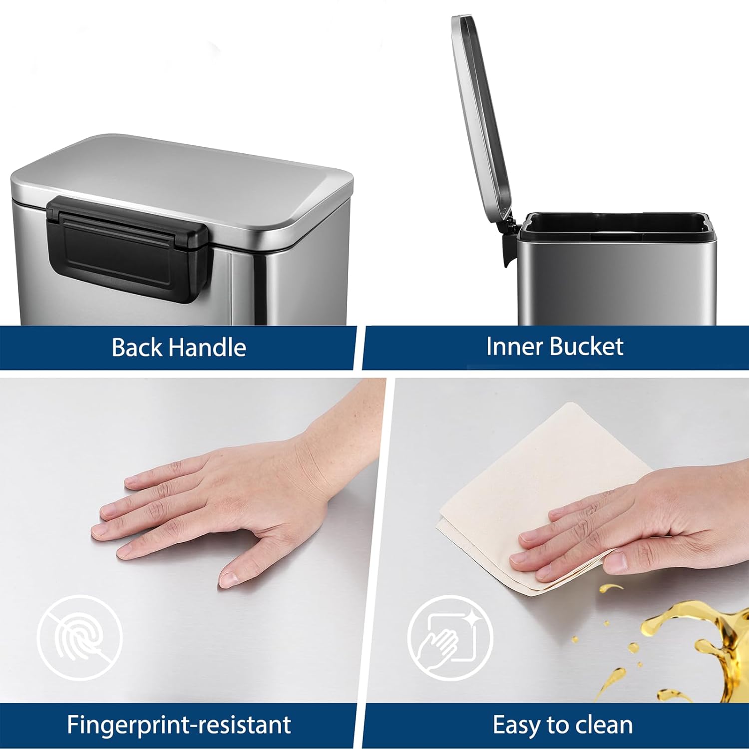 13 Gal Stainless Steel Trash Can with Lid – Hands-Free Pedal Garbage Bin, Smudge & Fingerprint Resistant, 50 l Rectangular Waste Bin for Kitchen, Bathroom, Office, Soft-Close Silent Design
