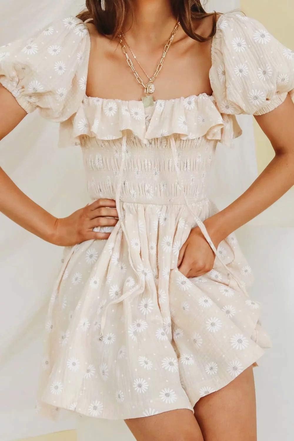 R.Vivimos Women's Summer Cotton Short Sleeve Square Neck Elastic Smocked Ruffle Floral Print Swing Mini Dress - Image 2