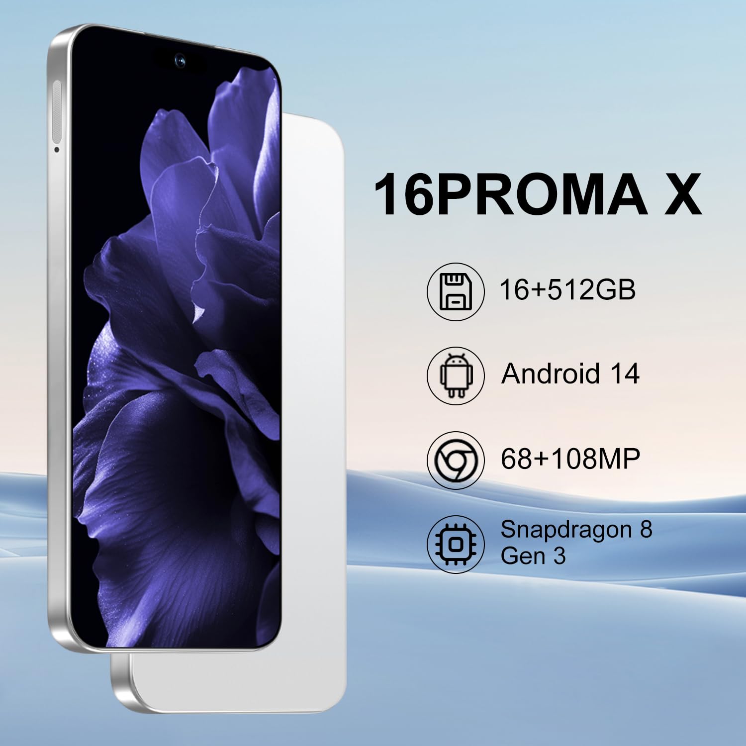 16PROMA X Smartphone: Massive 6.99" FHD+ Screen | Epic 7000mAh Battery Life | 16+512GB Extreme Speed | 108MP Pro Camera | Unlocked Android | Superior to 12GB RAM (White)