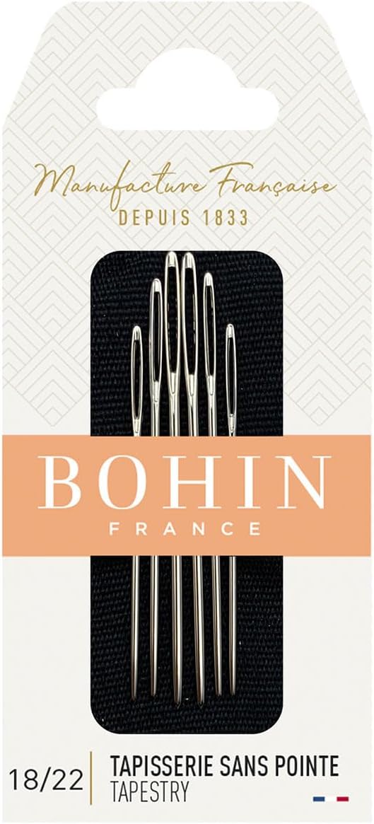 BOHIN France Tapestry Needles Assortment Set - Nickel-Plated, Blunt Point Needles for Embroidering and Sewing Projects, Steel, No.18-22 - 6 Needles, Silver