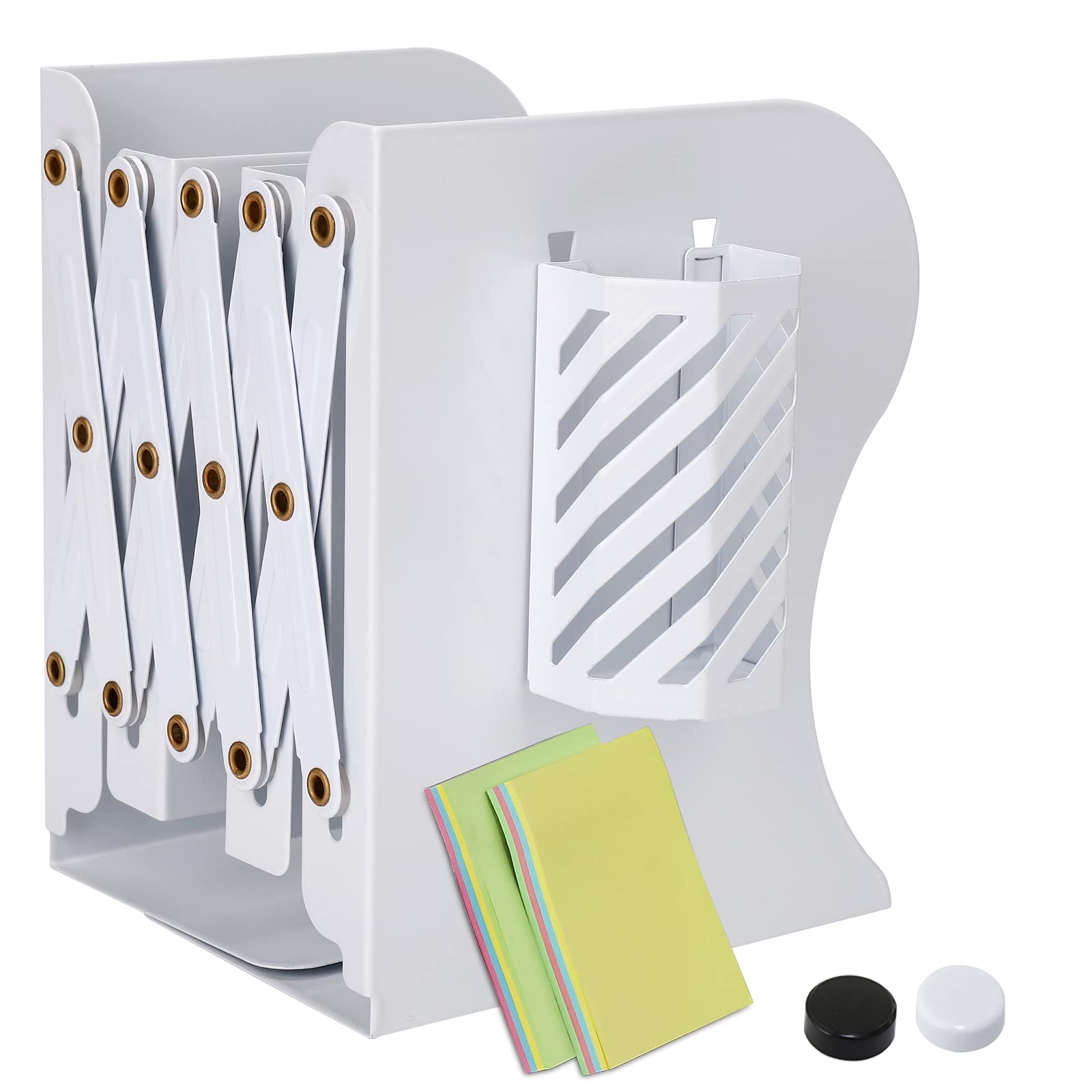 DARUITE Sujetalibros, Sujeta Libros Telescópicos de Metal Organizador de Escritorio Extensible Apoya Libros para Oficina, Escuelas, Decoración del Hogar, Blanco