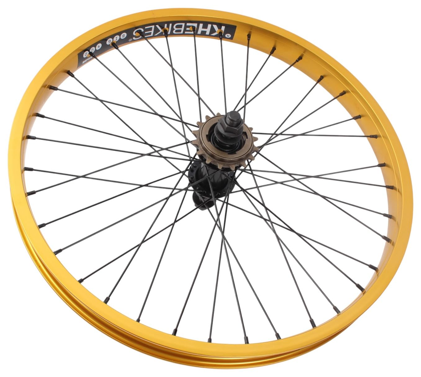 KHE Prism BMX tylne koło 20 cali – złote – oś 14 mm – zębatka 16T – 36H – 7005 aluminiowa felga 38 mm – rower biegowy BMX z tyłu