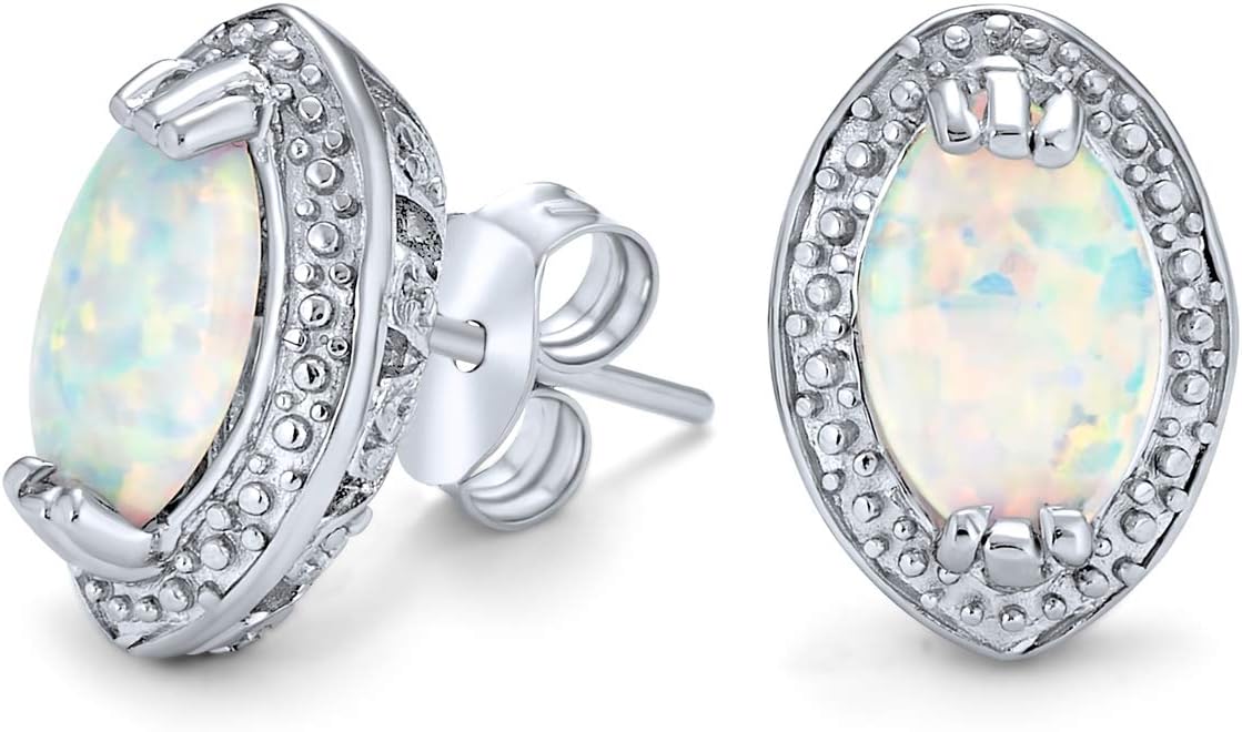 Bling JewelryTraditional Victorian Style White Teardrop Oval Created Opal Stud Earrings For Women .925 Sterling Silver Halo October Birthstone