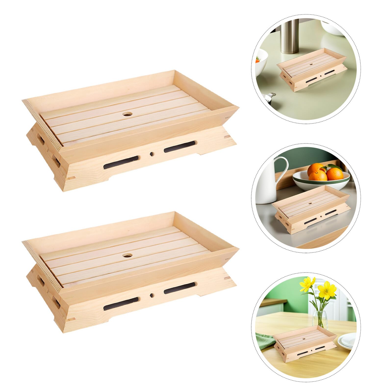 Lot de 2 Plateaux à Sushis en Bois Naturel Blanc 34X24X7 CM Glace Carbonique Plateau de Service Rectangulaire pour Sashimis et Fruits de Mer Assiettes Apéritives Japonaises pour