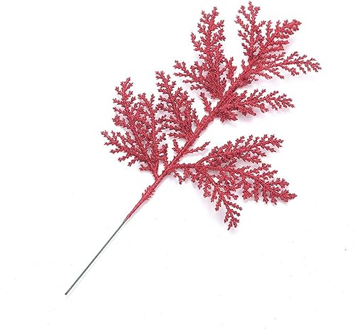 DUDNJC - 10 piezas de hoja de helecho artificial con purpurina de Navidad, adorno de rama de árbol de imitación roja, colgante de corona de Navidad
