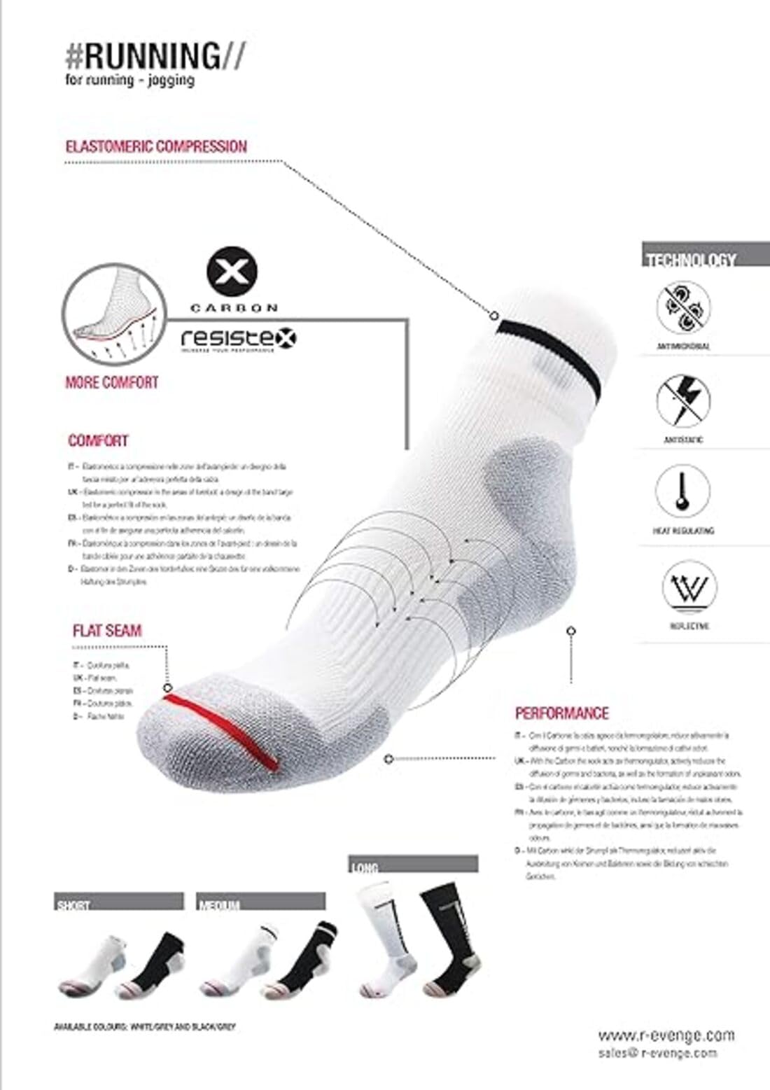 R-EVENGE Kit 4 Calze Running lunghe per la corsa indoor, outdoor, trekking e tempo libero con rinforzo sulla punta e tallone.