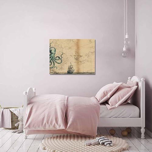 Miniatura 6 de Arte de pared náutico de pulpo para sala de estardormitorio, mapa retro medieval velero, lienzo marrón, decoración de baño, arte de pared, cocina,