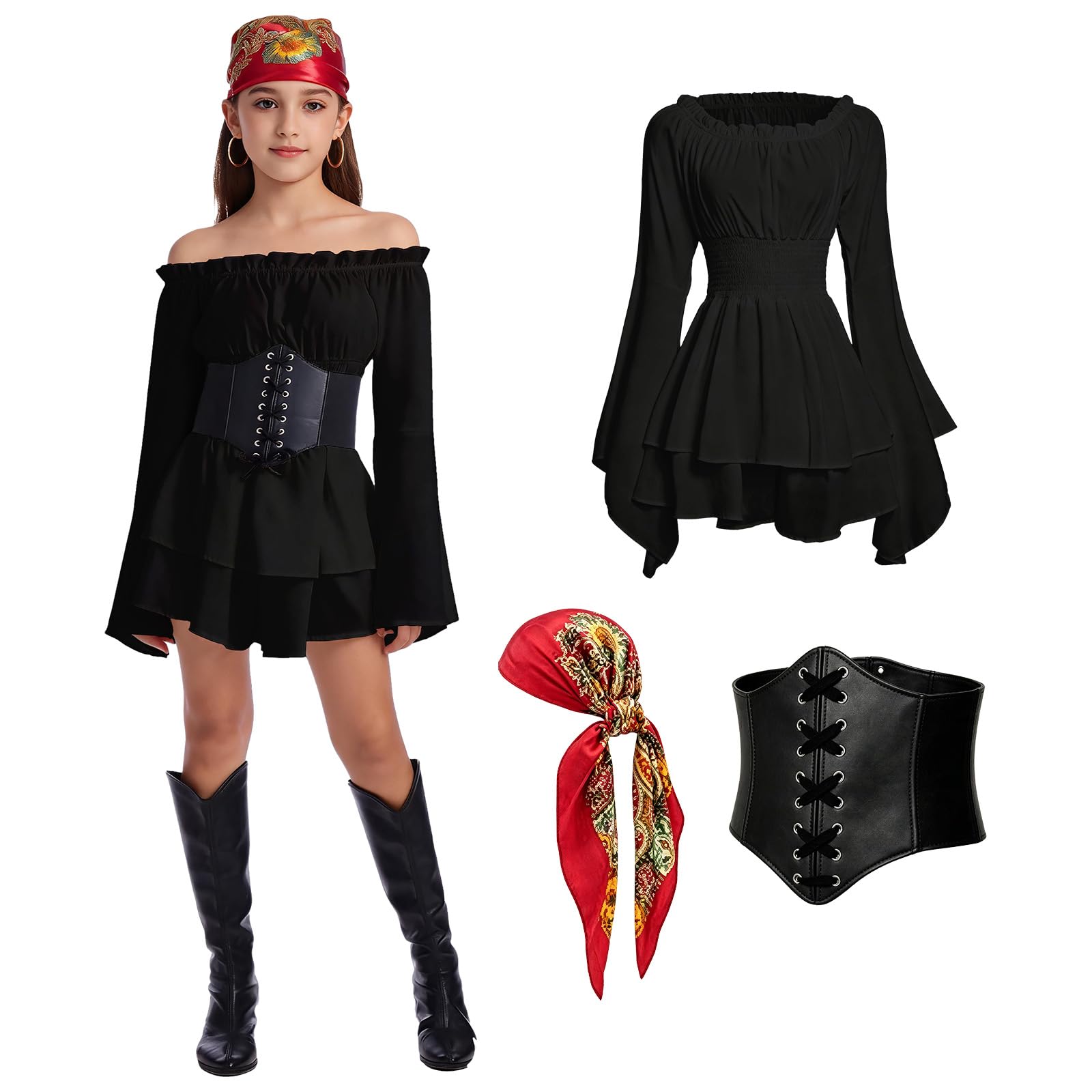 HZVRTN Pirate costume for girls, three-piece children's pirate costume set with pirate accessories, pirate princess dress,suitable for pirate-themed parties and Halloween (Black, 130)