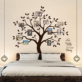 Family Tree Wall Decor – Family Saying Large Tree Wall Decals – Sweet Family Wall Decor for Living Room – Dark Brown Vinyl Photo Frames Collage Frame Wall Stickers with Quote