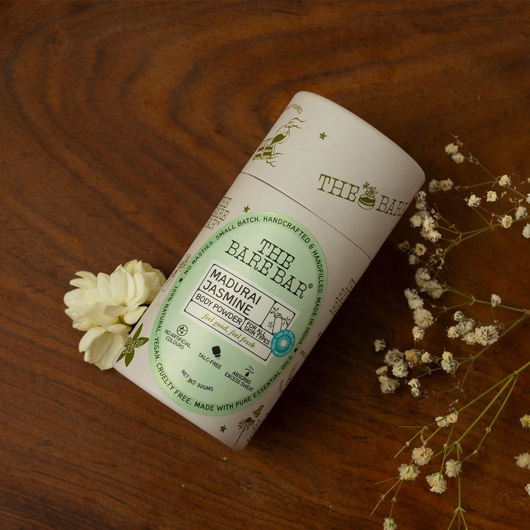 The Bare Bar Madurai Jasmine Body Powder- 30g | Talcum-Free, Natural Skin Care Powder with Jasmine Fragrance| Anti-Fungal, Soothing, & Drying Dusting Powder| For both men & women