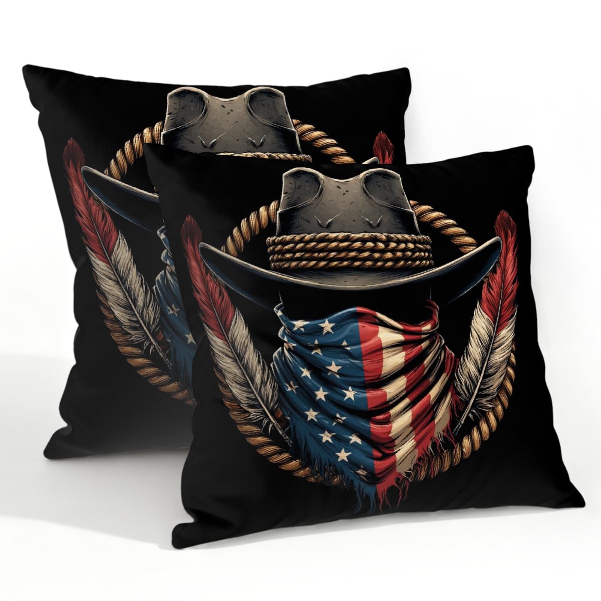 Outdoor Pillow Covers Waterproof Pillowcases 22x22in Set of 2 Western Cowboy Hat USA Flag Decorative Throw Cushion Case for Couch Sofa Garden Patio Furniture