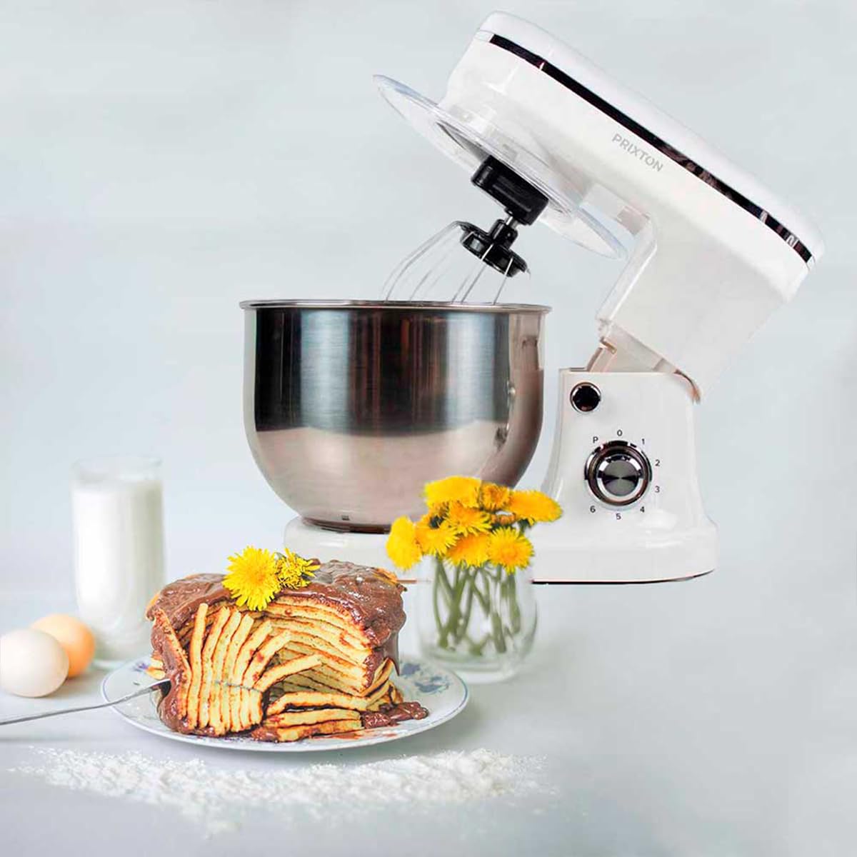 PRIXTON Batidora Amasadora KR200 para Repostería, Potencia 1200W, 6 Velocidades, Bol Acero Inoxidable de 5 litros, 3 accesorios, Tapa Transparente, Color Blanco